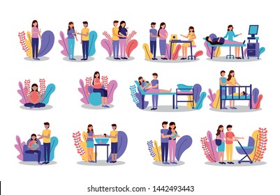 pregnancy and maternity scene flat mother father baby doctor set vector illustration