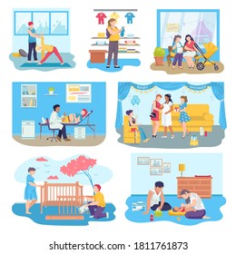 Escenarios de embarazo y maternidad de ilustraciones vectoriales. Mujer embarazada futura madre, médico visitante, cuidando con el hombre al bebé recién nacido. Embarazo, parto, maternidad.