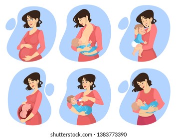 Pregnancy and maternity set. Woman breastfeeding newborn baby. Young mother with a big belly. Expecting child. Vector illustration in cartoon style