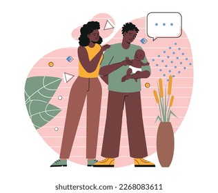 Pregnancy and maternity. Young happy parents hold their newborn baby in arms and love him. Mother and father take care of their little son. Parenthood and tenderness. Cartoon flat vector illustration