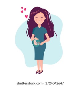 Pregnancy and maternity - young happy woman pregnant. the baby is visible in the stomach. Vector illustration in flat style.