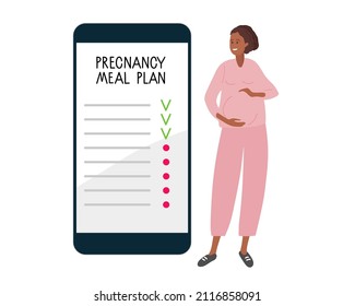 Pregnancy Meal Plan. Pregnant woman keeps to diet. Smartphone diet plan. Woman wearing casual clothes. Healthy nutrition during pregnancyt. Smartphone interface with list. Flat Vector illustration.