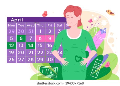 Pregnancy medical appointment. Pregnant happy beautiful young woman makes an appointment with a doctor using a calendar. Flat cartoon vector illustration of a woman awaiting the birth of a child.