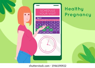 Pregnancy medical appointment. Pregnant happy beautiful young woman makes an appointment with a doctor using a calendar. Flat cartoon vector illustration of a woman awaiting the birth of a child.