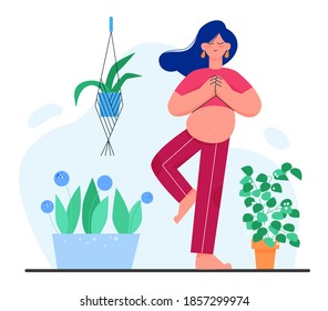 Meditación del embarazo yoga ilustración plana vectorial. Caricatura hermosa mujer embarazada personaje relajante, meditando en la pose de yoga asana lotus, escuchando música en el interior del apartamento de casa fondo