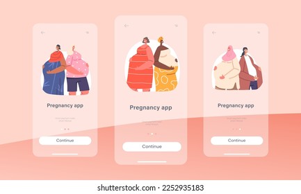 Pregnancy Mobile App Page Onboard Screen Template. Multinational Pregnant Girls prepare for Motherhood. Mothers Female Characters Prepare for Maternity Concept. Cartoon People Vector Illustration