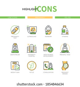 Pregnancy - modern line design style icons set. Healthcare mobile app idea. A test, ultrasound, newborn, pregnant woman, maternity hospital, vitamins, obstetrician, fetus, medical consultation images