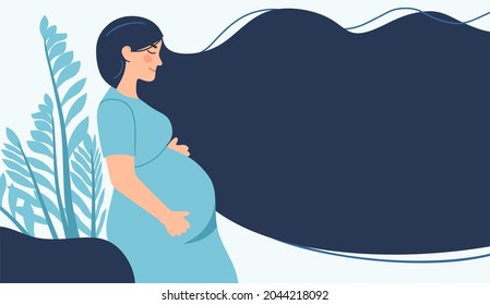 Pregnancy. A modern poster with a cute pregnant woman with long hair and a place for text. Vector illustration