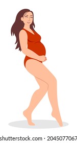 Pregnancy. A modern poster with a cute pregnant woman in a red swimsuit. Vector illustration