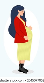Pregnancy. A modern poster with a fashionable pregnant woman in a stylish lemon dress and a red jacket. Vector illustration