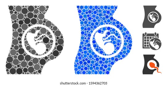 Pregnancy mosaic of round dots in various sizes and color tones, based on pregnancy icon. Vector dots are grouped into blue mosaic. Dotted pregnancy icon in usual and blue versions.