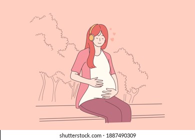 Pregnancy, mother and baby concept. Young smiling asian pregnant mother sitting on bench and listening to music hugging belly expecting for baby vector illustration 