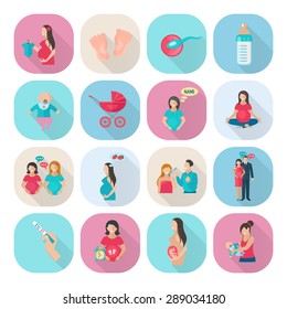 Pregnancy and mother health care icons flat set isolated vector illustration