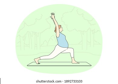 Pregnancy, motherhood, active lifestyle of pregnant woman concept. Young happy pregnant woman cartoon character exercising and practicing yoga and meditation on fitness mat in park outdoors