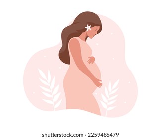 pregnancy and motherhood.  beautiful young pregnant woman with long hair, Minimalistic design, flat cartoon vector illustration