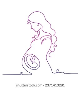 Embarazo y maternidad. bella joven embarazada con el pelo largo línea vectorial arte simple ilustración