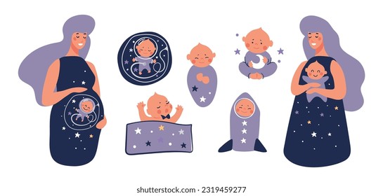 Embarazo, maternidad, parto de ilustraciones aisladas planas. Mujer embarazada, bebé recién nacido gracioso, diseño boho con estrellas y luna. Colección de caracteres.