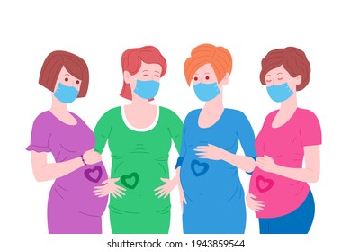 Pregnancy, motherhood concept banner. Group of pregnant and happy young women in masks holds their bellies, which depicts a heart as a symbol of a baby in the womb. Flat cartoon vector illustration. 