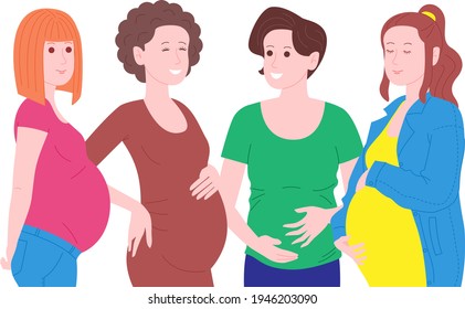 Pregnancy, motherhood concept banner. Group of pregnant and happy young women talking and laughing, holds their bellies waiting for the birth of a child. Flat cartoon vector illustration.