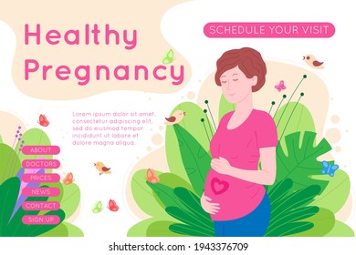 Pregnancy, motherhood concept banner. Pregnant and happy beautiful young woman holds her belly, which depicts a heart as a symbol of a baby in the womb. Flat cartoon vector illustration. 