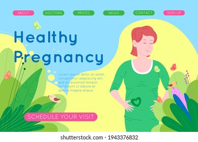 Pregnancy, motherhood concept banner. Pregnant and happy beautiful young woman holds her belly, which depicts a heart as a symbol of a baby in the womb. Flat cartoon vector illustration. 