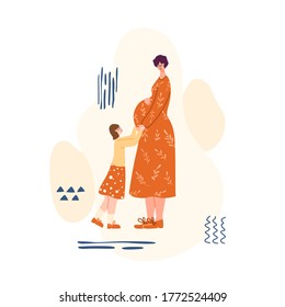 Pregnancy and motherhood concept - beautiful pregnant woman waiting for a baby. Happy mom and her little daughter, girl is expecting baby - Vector illustration for card, poster and more