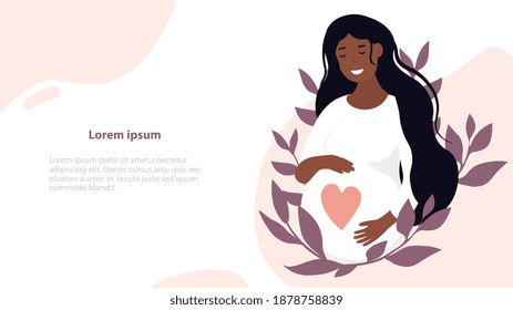 Pregnancy and motherhood concept. Poster with a beautiful young pregnant woman with long hair and place for text. Flat cartoon vector illustration. Website, web page, landing page template