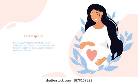 Pregnancy and motherhood concept. Poster with a pretty young caucasian pregnant woman with long hair and place for text. Flat cartoon vector illustration. Website, web page, landing page template