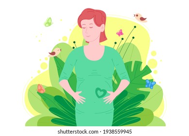 Pregnancy, motherhood concept. Pregnant and happy beautiful young woman holds her belly, which depicts a heart as a symbol of a baby in the womb. Flat cartoon vector illustration. 