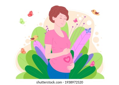 Pregnancy, motherhood concept. Pregnant and happy beautiful young woman holds her belly, which depicts a heart as a symbol of a baby in the womb. Flat cartoon vector illustration. 