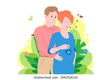 Pregnancy, motherhood concept. Pregnant and happy beautiful young woman holds her belly, hugged by a young man. Flat cartoon vector illustration of a married couple awaiting the birth of a child.