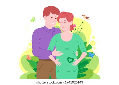 Pregnancy, motherhood concept. Pregnant and happy beautiful young woman holds her belly, hugged by a young man. Flat cartoon vector illustration of a married couple awaiting the birth of a child.