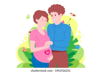 Pregnancy, motherhood concept. Pregnant and happy beautiful young woman holds her belly, hugged by a young man. Flat cartoon vector illustration of a married couple awaiting the birth of a child.