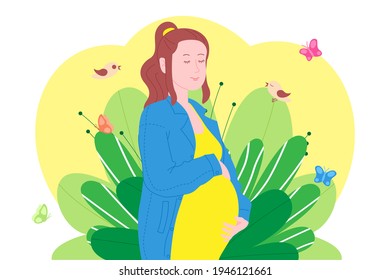 Pregnancy, motherhood concept. Pregnant and happy beautiful young woman holds her belly, which depicts a heart as a symbol of a baby in the womb. Flat cartoon vector illustration. 