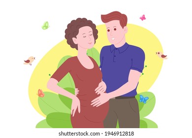 Pregnancy, motherhood concept. Pregnant and happy beautiful young woman holds her belly, hugged by a young man. Flat cartoon vector illustration of a married couple awaiting the birth of a child.
