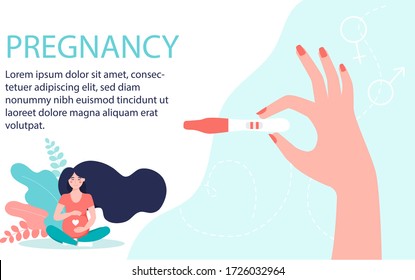 Pregnancy and motherhood concept for web site. Homepage design. Pregnant girl. Positive pregnancy test in hand. Vector illustration in flat style.