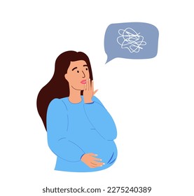 Pregnancy and Motherhood Concept. Worried, scared Beautiful Pregnant Caucasian Woman, Young Mother Hold Belly Isolated on White Background.Female Character Prepare for Maternity. Cartoon People Vector