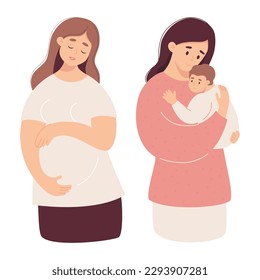 Pregnancy and motherhood. Cute happy pregnant girl and young mother with newborn baby in her arms. Vector illustration in flat cartoon style. Isolated female characters
