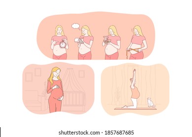 Pregnancy, motherhood, expecting for childbirth and baby concept. Young happy pregnant women cartoon characters measuring belly, relaxing on mat, feeling love and counting days before birth giving day