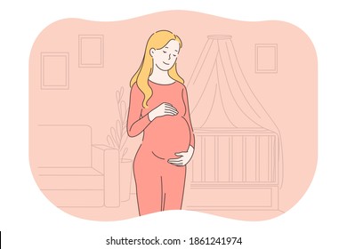 Pregnancy, motherhood, expecting for childbirth and baby concept. Young happy pregnant woman cartoon character standing embracing belly and dreaming about child and birth giving day