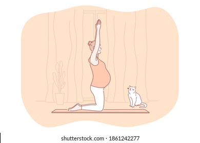 Pregnancy, motherhood, expecting for childbirth and baby concept. Young happy pregnant woman cartoon character exercising and practicing yoga and meditation on fitness mat at home 