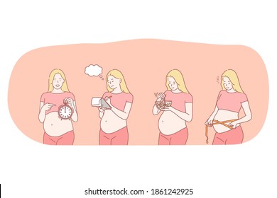 Pregnancy, motherhood, expecting for childbirth and baby concept. Young happy pregnant woman cartoon characters measuring belly, eating healthy food and counting days before birth giving day