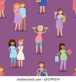 Pregnancy motherhood girl pregnant woman character lifeseamless pattern background vector illustration