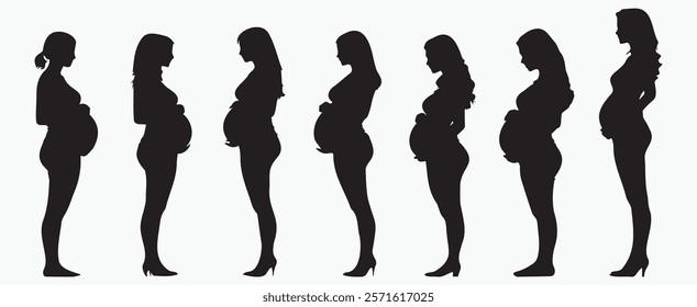 Pregnancy and Motherhood Icons. Silhouettes of the pregnant woman set isolated. Gynecology, and Safe Motherhood Designs