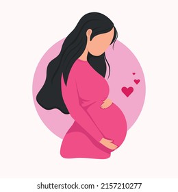 Pregnancy and motherhood illustration concept. Portrait of beautiful pregnant woman. Flat vector illustration.