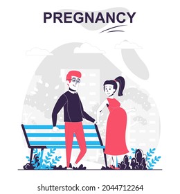 Pregnancy and motherhood isolated cartoon concept. Pregnant wife with husband walk in park, people scene in flat design. Vector illustration for blogging, website, mobile app, promotional materials.