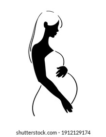 Pregnancy and motherhood, line drawing, logo, symbol. Pregnant woman, black silhouette isolated on white background. Mom is expecting a baby. Vector illustration