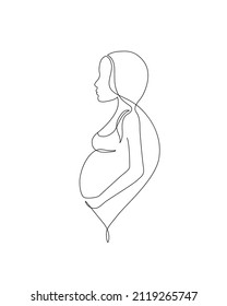 Pregnancy and motherhood modern concept art. Abstract beautiful pregnant woman continuous line drawing. Young mom holding her pregnant belly. Hand drawn illustration for Happy Woman's or Mother`s Day.