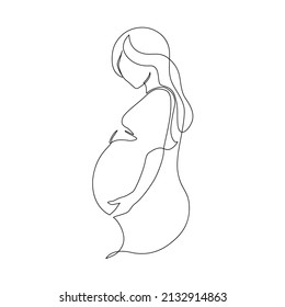 Pregnancy and motherhood modern concept art. Abstract beautiful pregnant woman continuous line drawing. Young mom holding her pregnant belly. Hand drawn illustration for Happy Woman's or Mother`s Day.