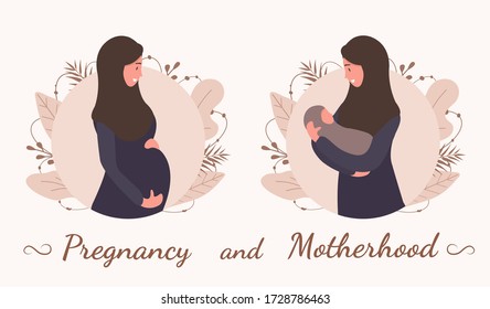 Pregnancy and motherhood. Muslim woman in abaya and hijab. Modern flat style vector illustration isolated on soft background.